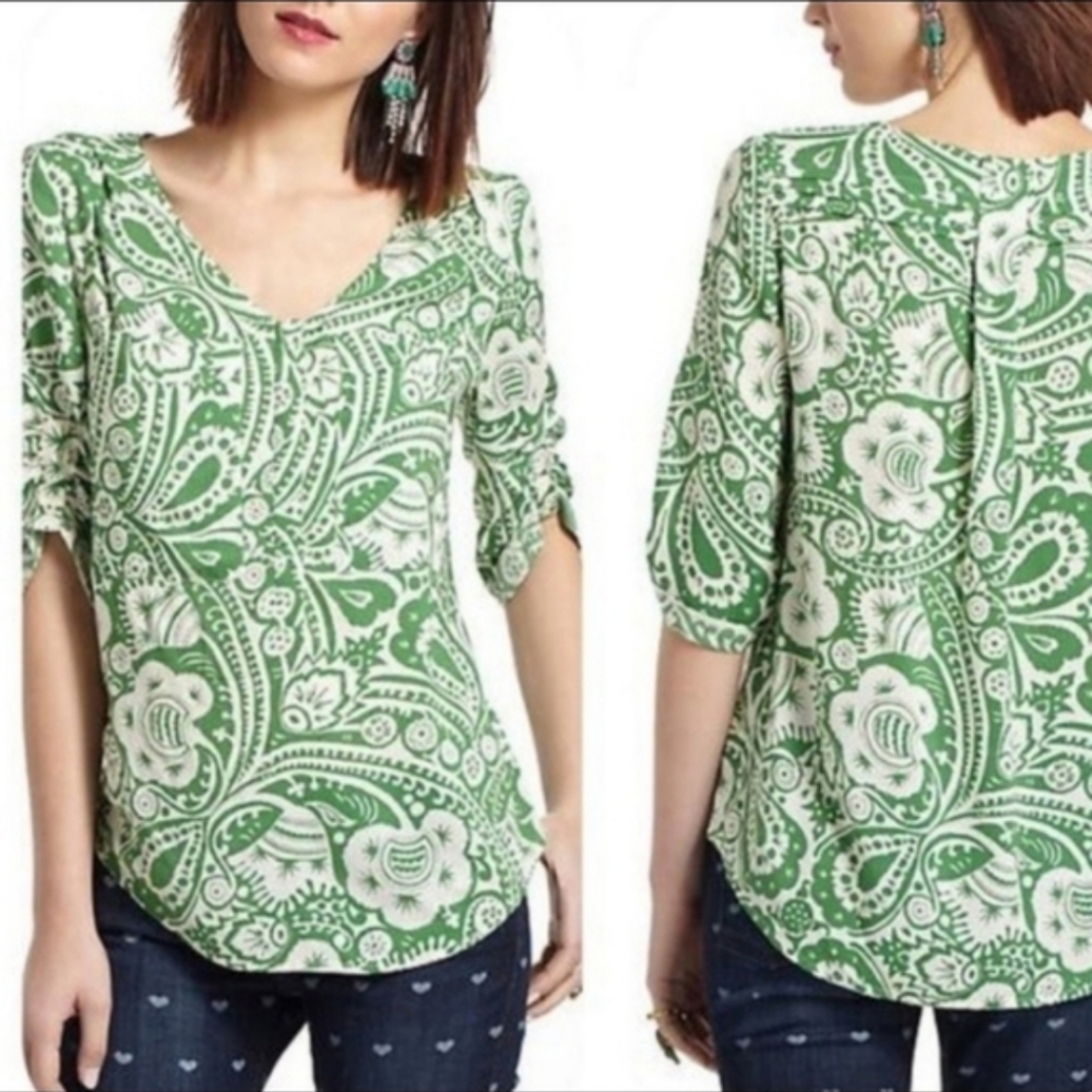 Maeve Green Floral Paisley Top, Size M